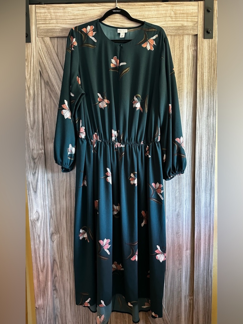 Buy 2 Get 1 Free Ava & Viv Dark Green Floral Midi Dress w/ high/low hem 2X